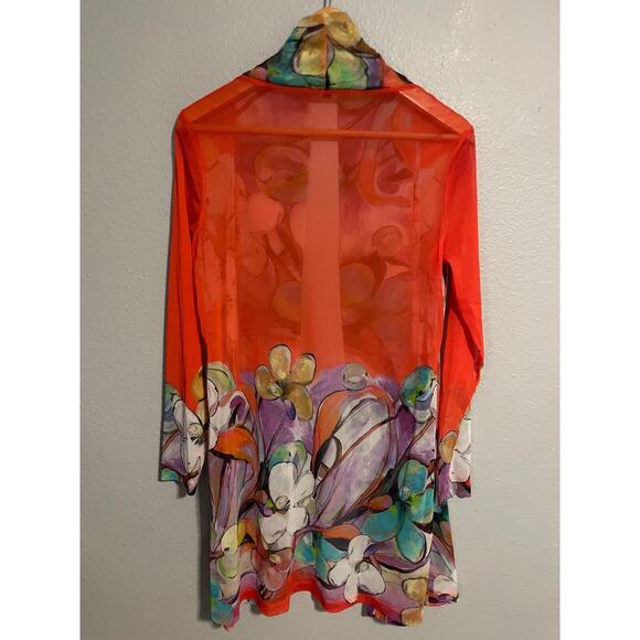 Robert Kitchen Cardigan Kimono Womens Medium Sheer Floral Mesh Orange Watercolor - Picture 2 of 7